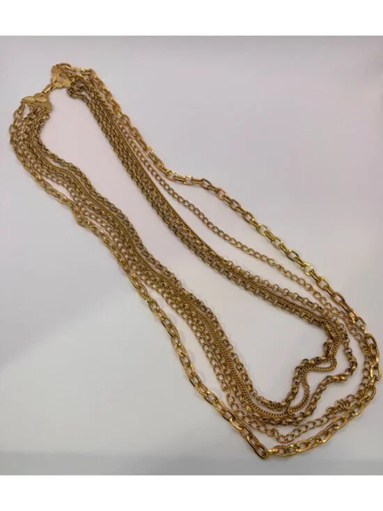 Vintage Gold Tone Heavy Multi 5 Strand Chain Necklace Statement Layered Runway - Picture 4 of 9